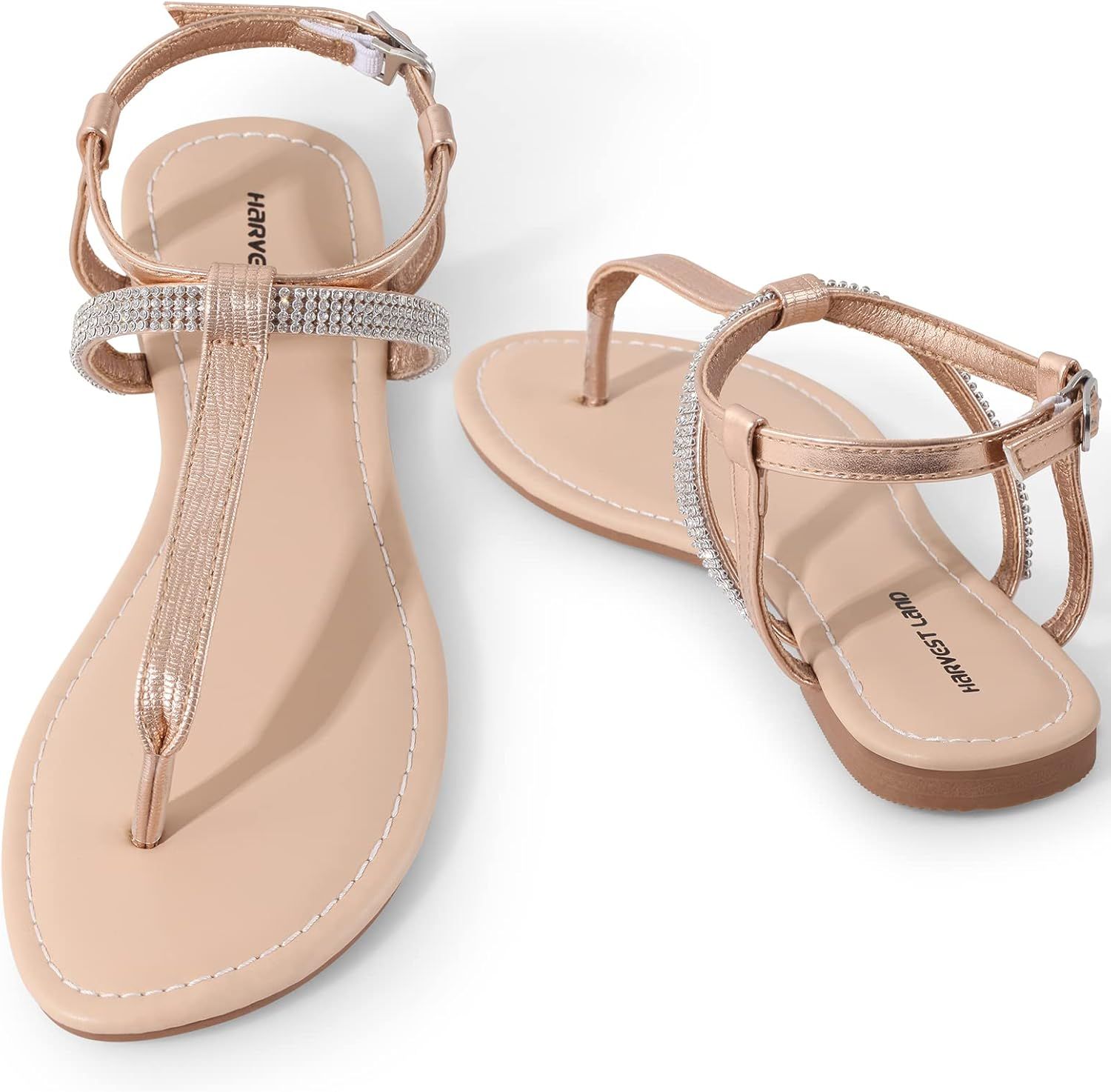 Harvest Land Women's Sandals Dressy T Strap with Rhinestone Sparkly Wedding Flat Sandals Ankle St... | Amazon (US)