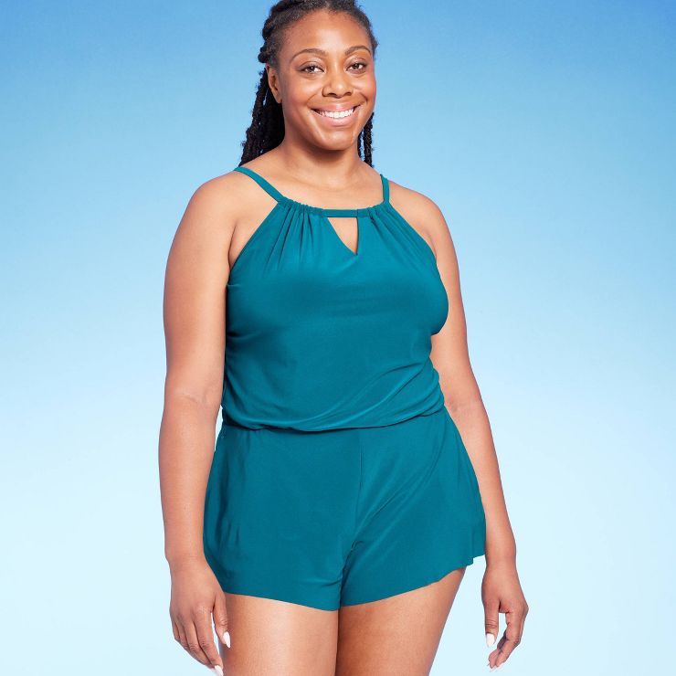 Women's UPF 50 High Neck Swim Romper with Pockets One Piece Swimsuit - Aqua Green® | Target