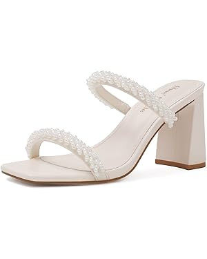 Shoe'N Tale Strappy Heels for Women Two Band Chunky Block Heeled Sandals Square Open Toe Backless... | Amazon (US)