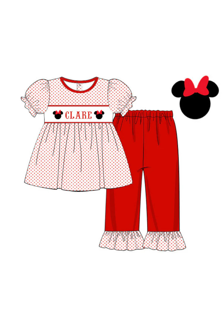 Pre-Order Hand Smocked Custom Name Mouse Red Bitty Dot Pants Set | The Smocked Flamingo