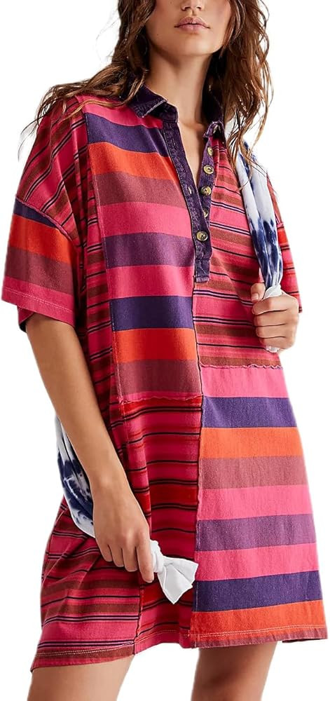 Women Contrast Striped Babydoll Dress Y2k Summer Patchwork Mini T- Shirt Dress Vintage V Neck Sho... | Amazon (US)