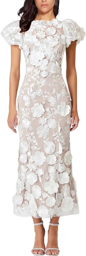 Women's 3D Floral Embroidery Dress Ruffle Sleeve Fishtail Lace Bodycon Party Cocktail Mixi Dress | Amazon (US)