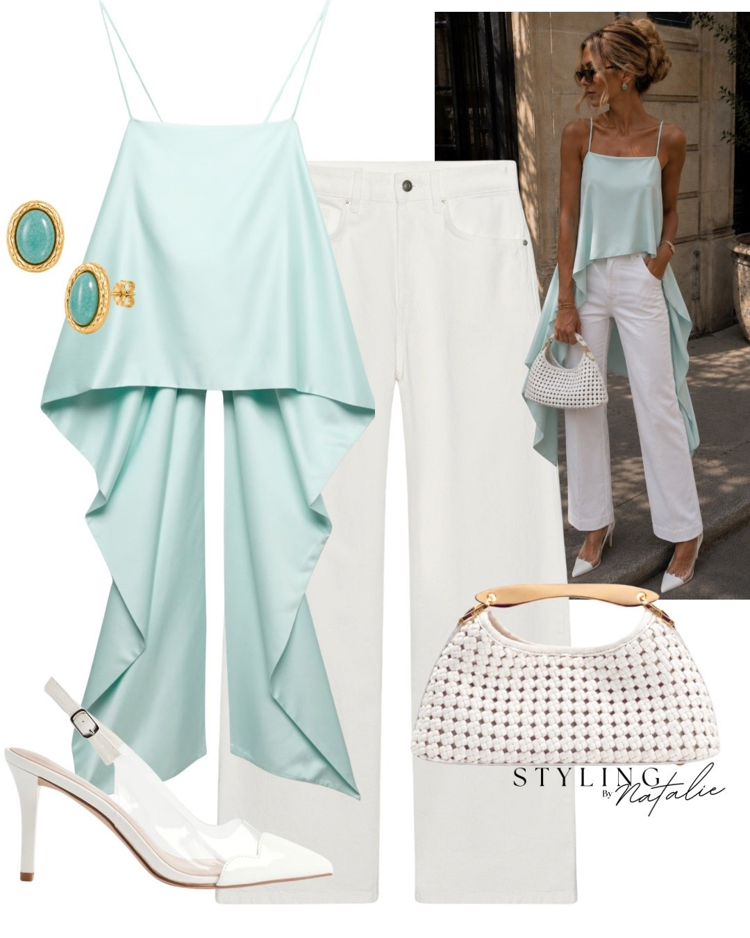 Jeans and a nice top 🩵
Cami top with waterfall drape, white jeans, turquoise stud earrings, @linzi white sling back heels, @Elleme bag.
Summer date night outfit, white denim, girls night look, summer outfit, elevated casual.

#LTKsummer #LTKjeans #LTKdatenight