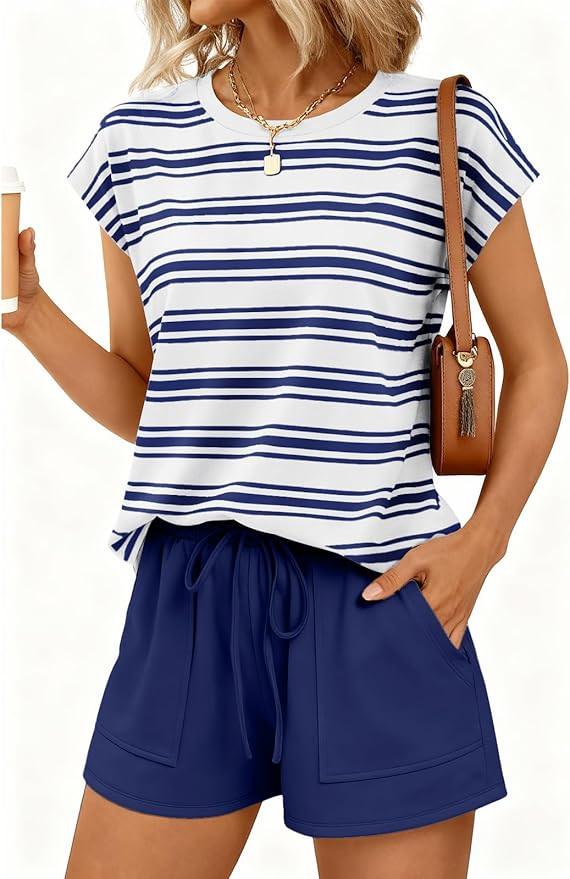 AUTOMET Womens Crew Neck Two Piece Short Sets Cap Sleeve Drawstring Summer Sweatsuit with Pocket | Amazon (US)