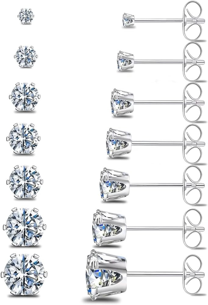 Silver Gold Black Stud Earrings Set 7Pairs Hypoallergenic Cubic Zirconia Titanium Stainless Steel... | Amazon (US)