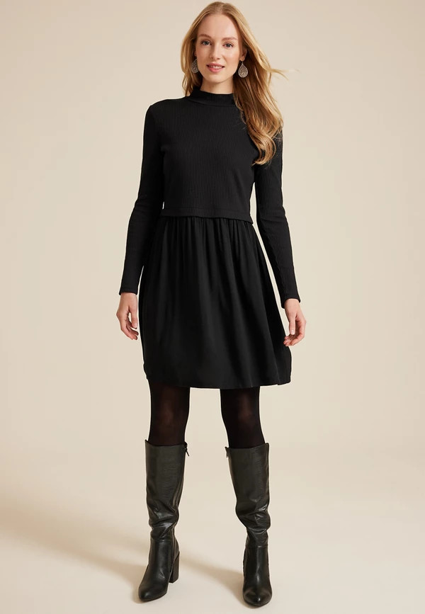 Mixed Fabric Mock Neck Mini Dress | Maurices