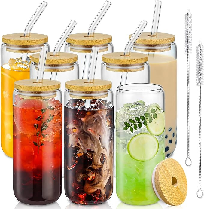 20 Oz Drinking Glasses with Bamboo Lids and Glass Straw - 8 Pcs Glass Cups Beer Ice Coffee Glasse... | Amazon (US)