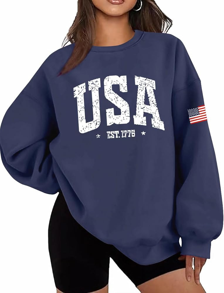 Dressmine Womens Oversized USA Sweatshirt Fleece Long Sleeve Pullover American Flag Crewneck Swea... | Amazon (US)