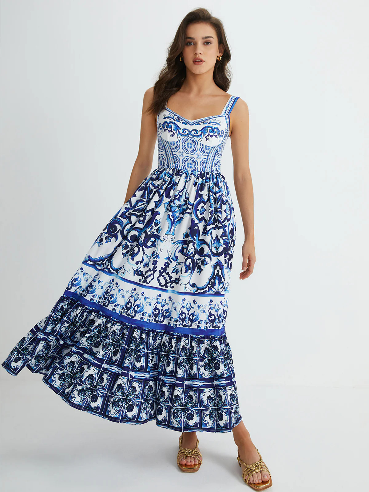 Print Strap Pleated Long Dress | Commense