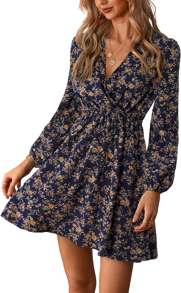 CUPSHE Womens V Neck Floral Mini Dress Long Sleeve A Line Surplice | Amazon (US)