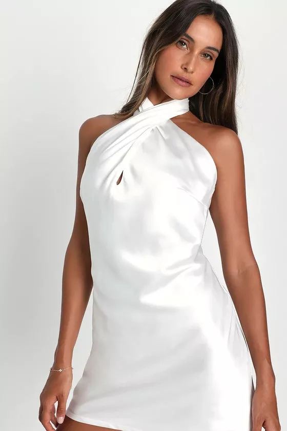 Rare Sparkle White Satin Rhinestone Strap Mini Dress