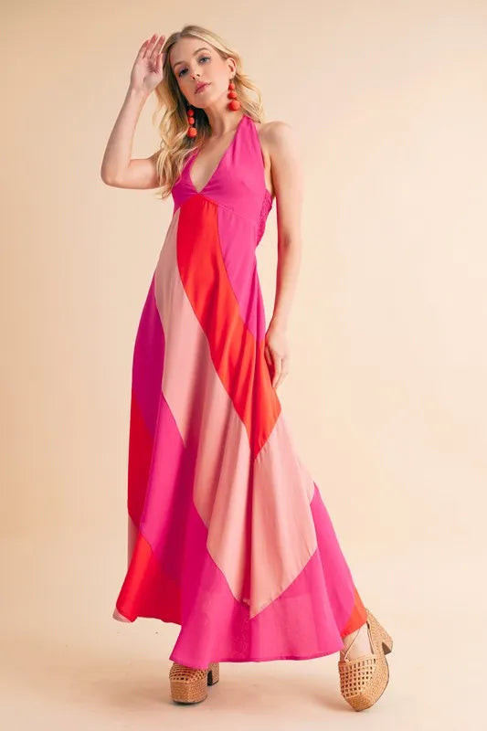 Color Block Sleeveless Maxi Dress PINK COMBO / M | Casual Chic Boutique