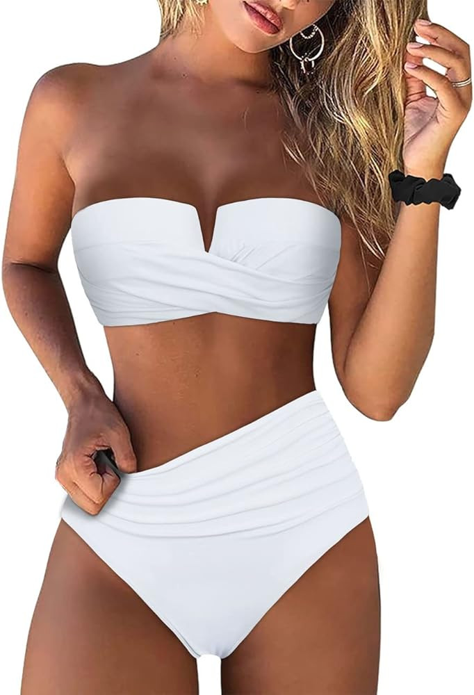 Hilor Bandeau Two Piece Bathing Suits for Women with Strap Retro High Waisted Swimsuits Sexy Push... | Amazon (US)