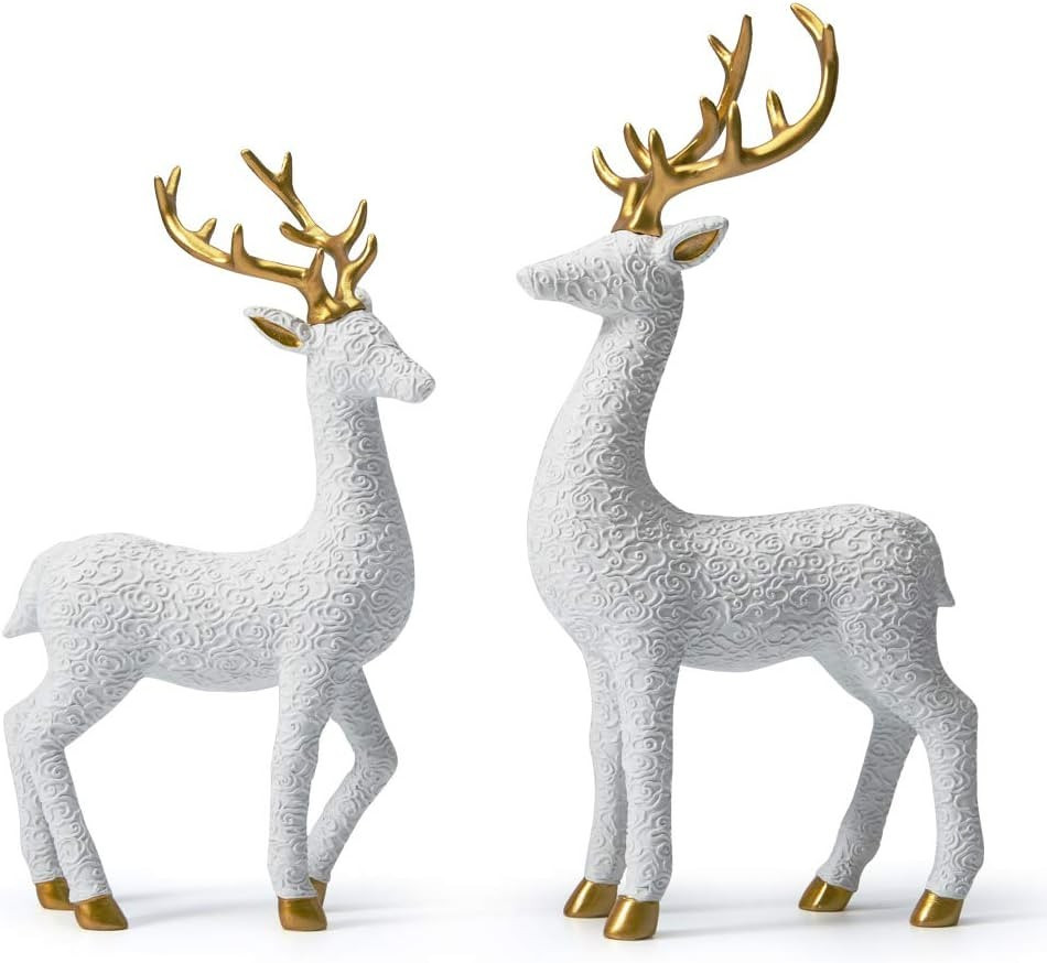 HAUCOZE 2pcs Reindeer Figurine Decor Deer Sculpture Stag Statue Polyresin Gifts 12 inch | Amazon (US)