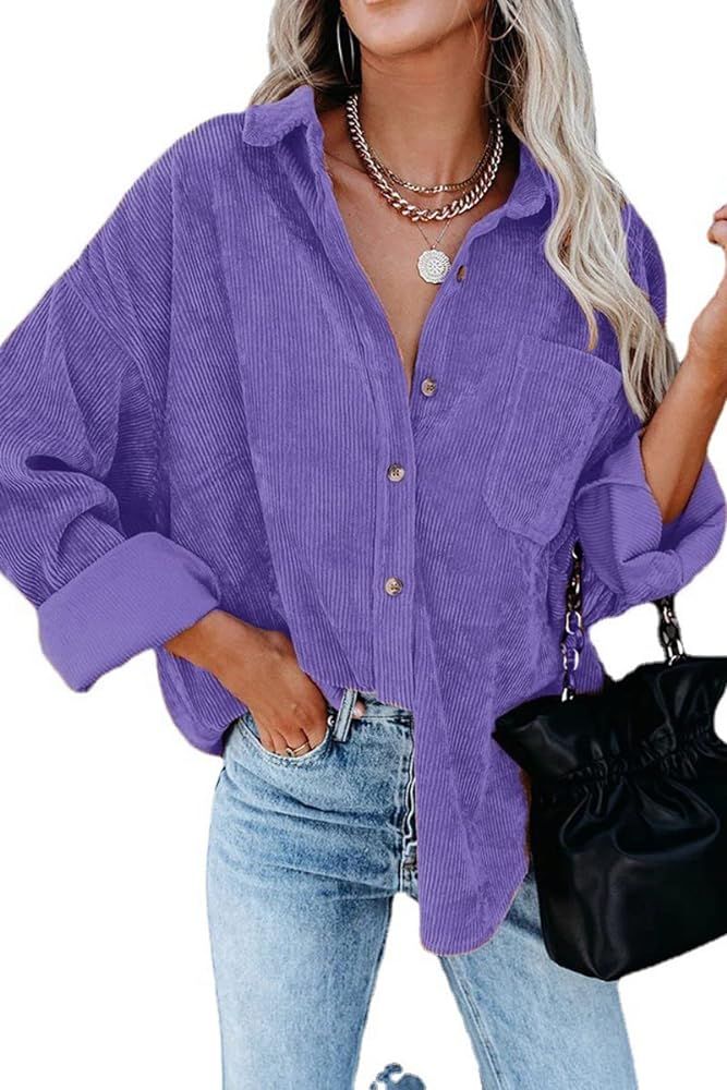 CHYRII Women's Corduroy Shirts Casual Oversized Button Down Shacket Long Sleeve Shirts Blouse Top... | Amazon (US)