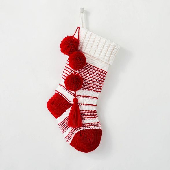 Chunky Knit Striped Holiday Stocking with Swing Tassels Red/Sour Cream - Hearth & Hand™ with Ma... | Target