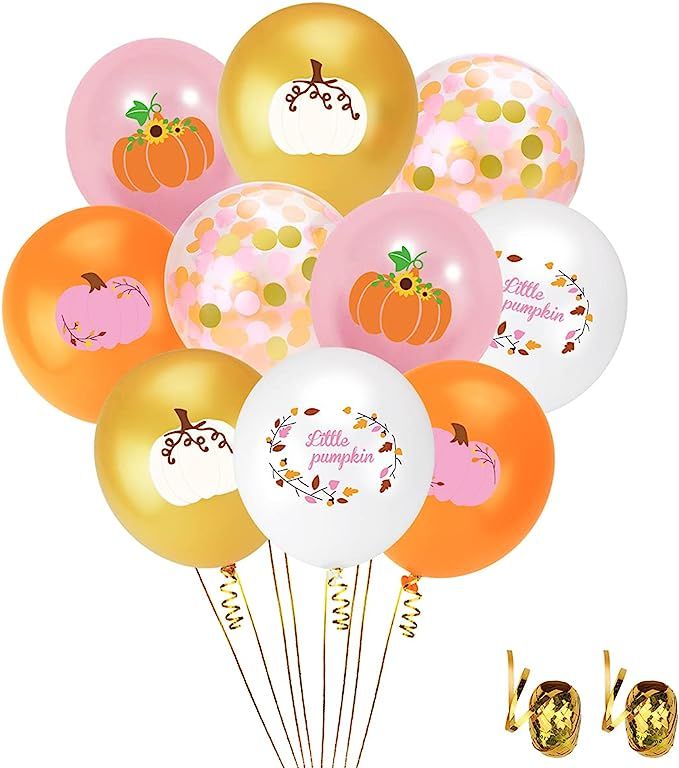 Little Pumpkin Party Balloons, Fall Maple Leaf Pumpkin Balloons with Pink Gold Orange Confetti Ba... | Amazon (US)