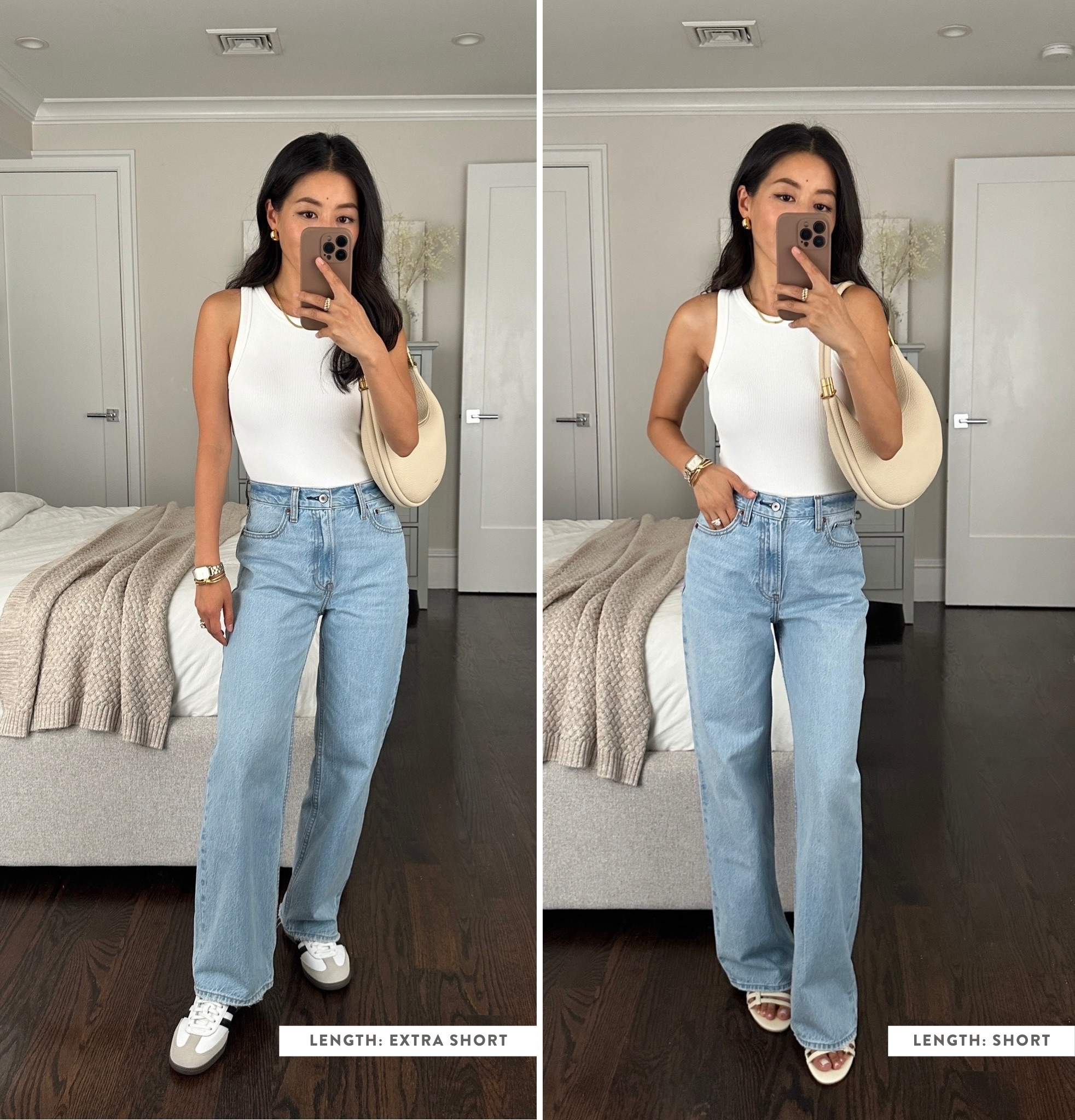 This is a newer jean style that I found to be super flattering!

• Abercrombie high rise loose jeans in Medium wash size 24 extra short inseam (left) vs short inseam (right). The extra short inseam measures 27”  and the short inseam measures 28.75”

Rise is 10.5” high. Waist is about 13” across 

I am 5 feet tall and can wear the extra short with sneakers and flats, and the short with high heels. 

• Old Abercrombie bodysuit xxs, linked current version. 



#LTKsalealert