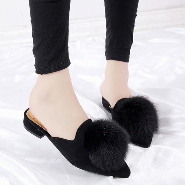 HYL World Women's Pom Pom Flat Slipper Pointed Toe Slides Mules | Amazon (US)