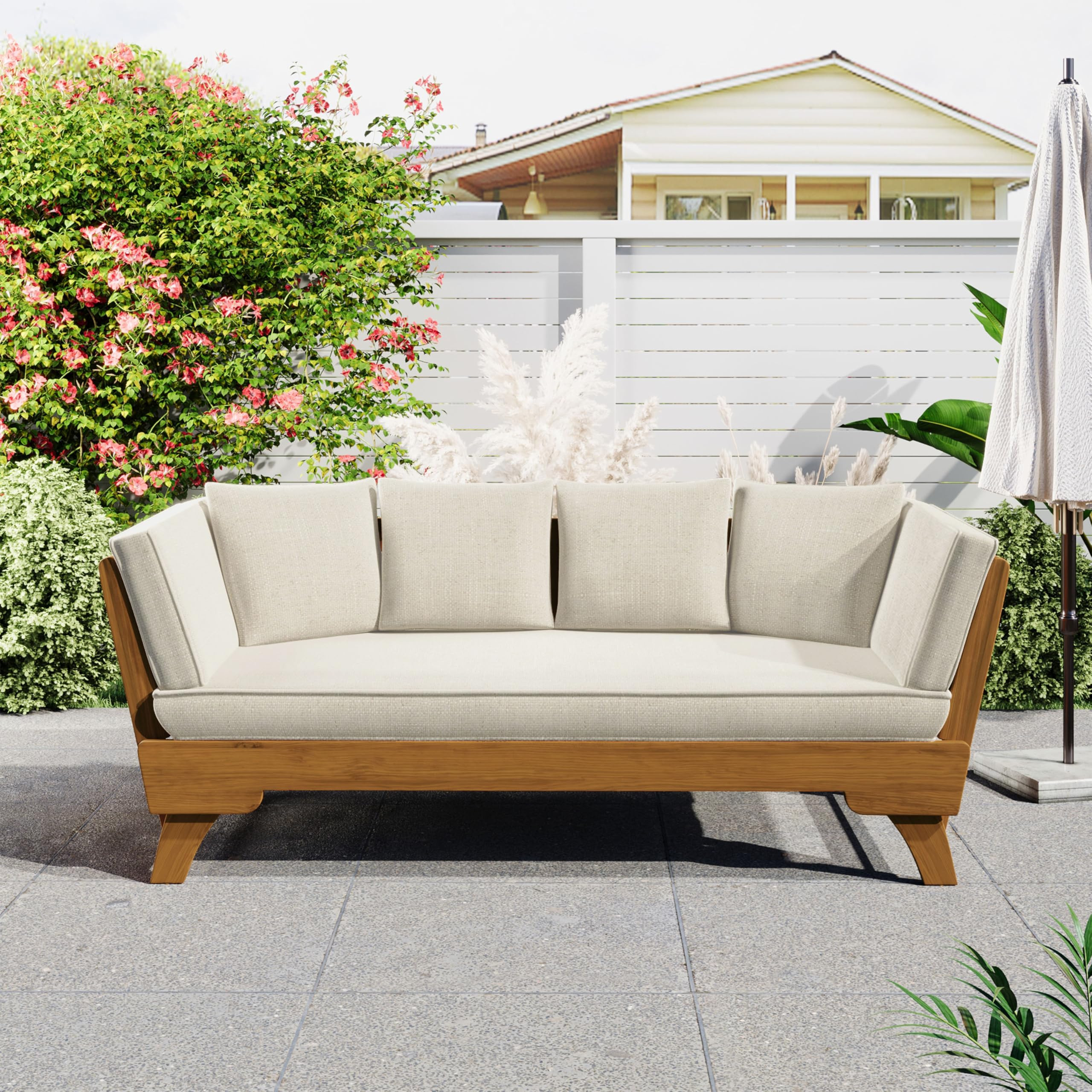 Merax Outdoor Patio Daybed Sofa,3-Seat Sofa with Foldable Arm 4 Back Pillows,Teak Acacia Wood Frame Beige Removable Cushion,Teak+ Beige | Amazon (US)