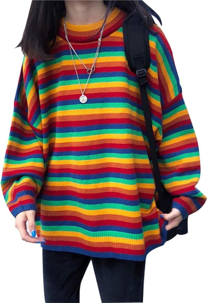 Women Vintage Striped Sweater Knitted Long Sleeve Loose Oversized Pullover Jumper Tops | Amazon (US)
