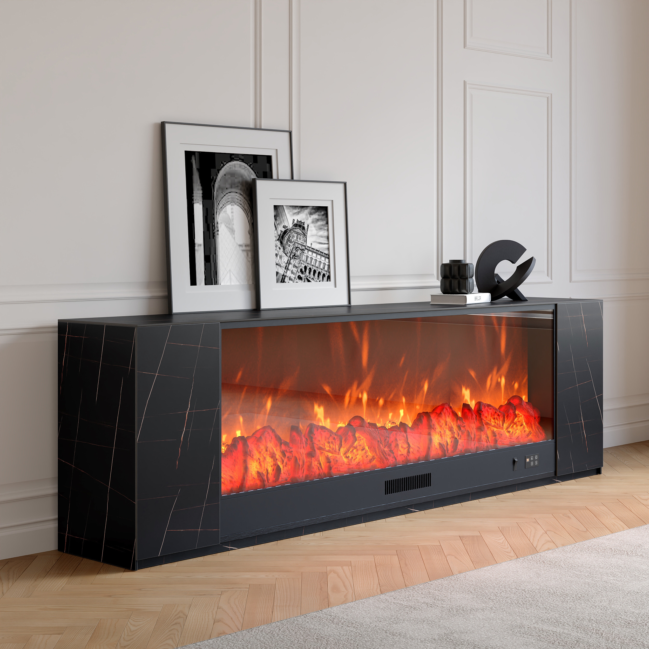87" Modern Black Marble Veneer Sintered Stone Electric Fireplace TV Stand with Remote Control Temperature Adjustable | Homary