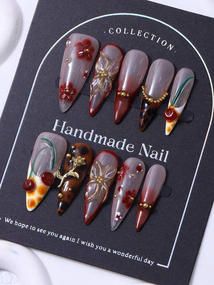 10Pcs Retro Long Pointed 3D Embossed Cherry Brown Gold Edged Handpainted Tie Dye Nails, Luxury Handmade Y2K Chic Aesthetic Suitable For Women & Girls Press On Nails Nail Supplies Nails | SHEIN