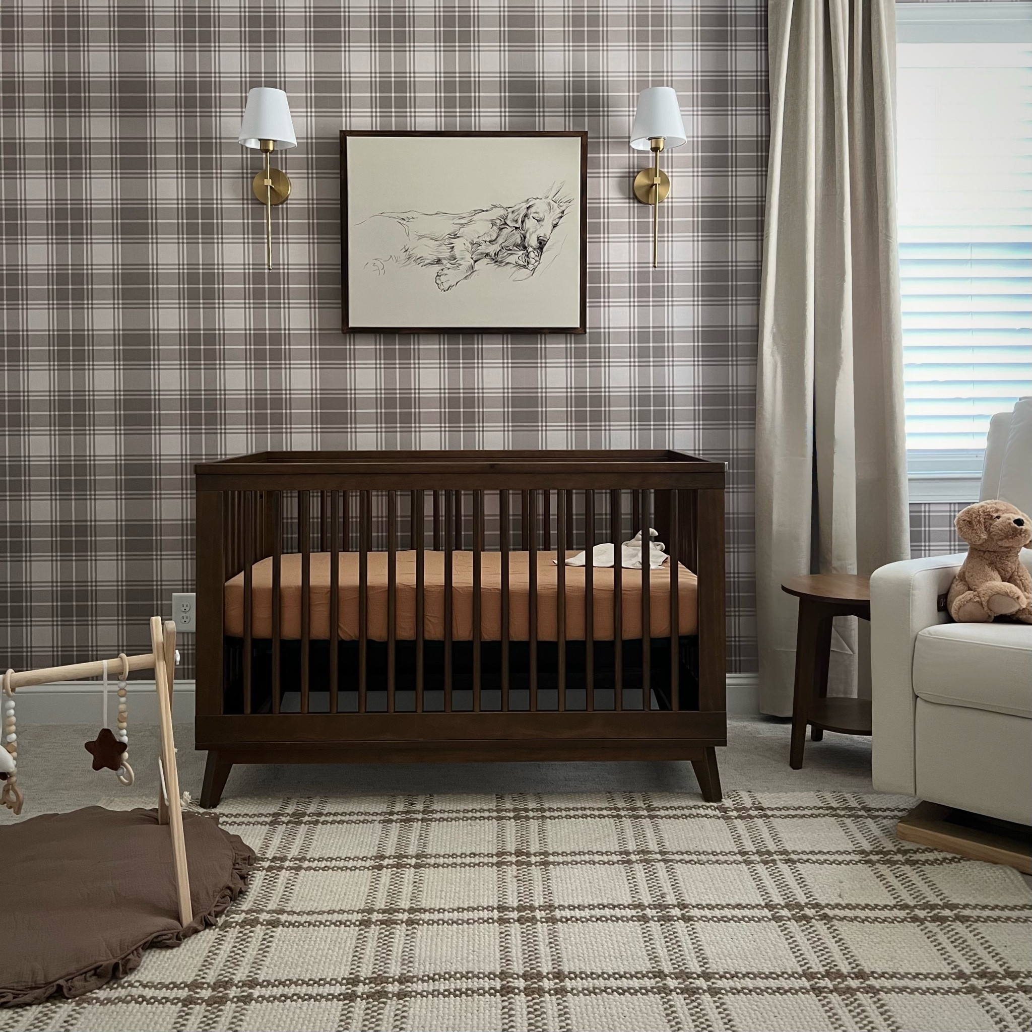 Gender neutral nursery, baby boy room, boy nursery, neutral boy nursery, plaid rug, nursery furniture, golden retriever decor, blackout curtains, nursery rocker, gold sconces, vintage modern kids roomm

#LTKbaby #LTKhome #LTKbump