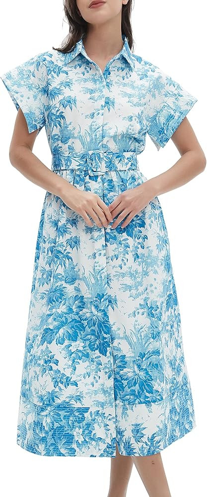 D-Sun Women Button Down Shirt Dress V-Neck Floral Printed Short Sleeves Mid Shirt Dress Belt A-Li... | Amazon (US)