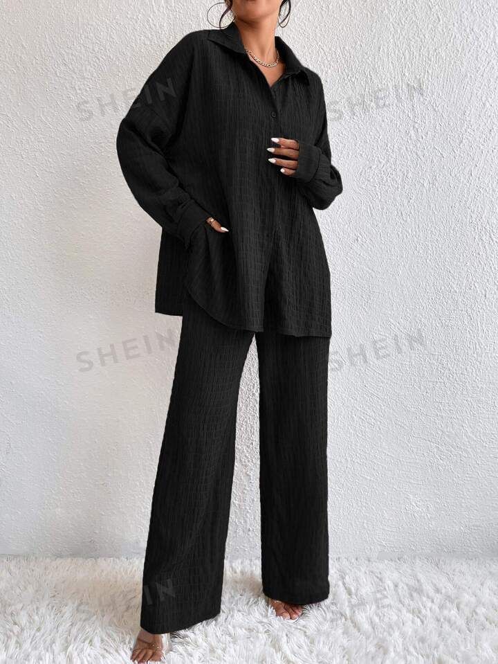 SHEIN Privé Solid Drop Shoulder Shirt & Wide Leg Pants | SHEIN