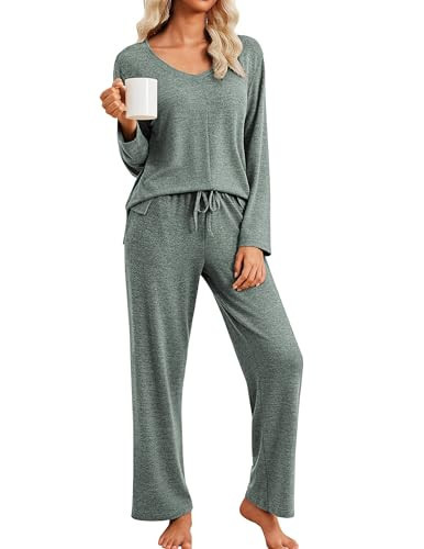 Ekouaer Pajamas for Women Set Long Sleeve 2 Piece Lounge Sets V Neck Matching Pjs Soft Sleepwear Fall Winter Army Green L | Amazon (US)