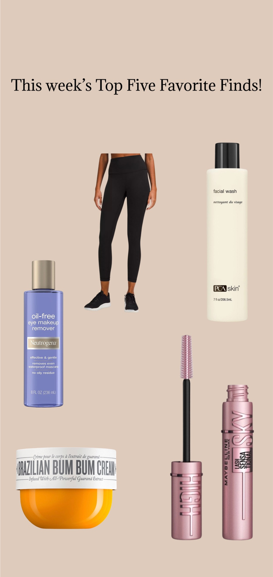 This weeks top 5 favorite finds!! 

Refresh your skin with PCA Facial Cleanser Wash
Indulge in Sol De Janeiro's Brazilian Bum Bum Cream for the perfect glow
Elevate your workout with Lulu Lemon's Wunder Train High-Rise Legging
Gently remove your eye makeup with Neutrogena's Oil-Free Eye Makeup Remover
Take your lashes to new heights with Maybelline's Lash Sensational Sky High Mascara

#LTKbeauty #LTKstyletip #LTKU