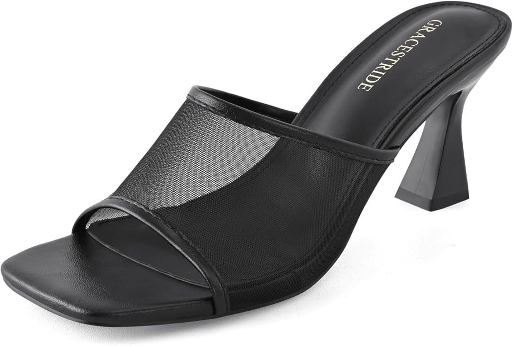Women's Mule Heels Chunky Kitten Heeled Sandals Mesh Slip On Square Toe Comfortable Casual Dress ... | Amazon (US)
