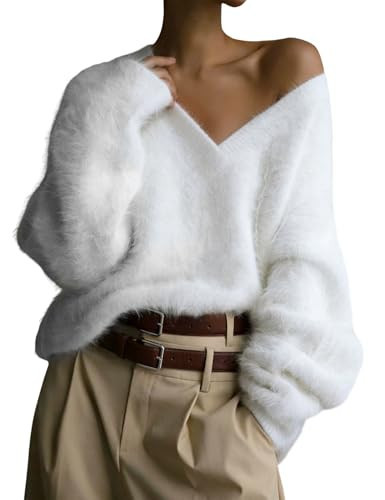 Yimoon Fuzzy Sweater for Women V Neck Long Sleeve Soft Chunky Pullover Sweater Loose Slouchy Fluffy Jumper Top(White-S) | Amazon (US)