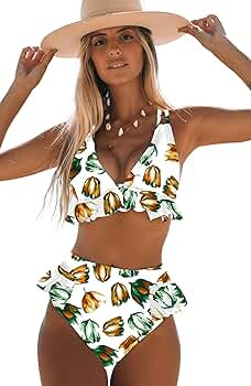 Women High Waisted Swimsuit Ruffle V Neck Bikini Two Pieces Swimwear | Amazon (US)