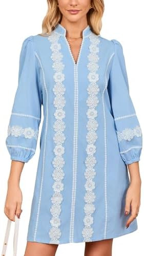 Women's Lace Floral Tunic Dress 3/4 Puff Sleeve V Neck 3D Embroidered Mini Dress | Amazon (US)