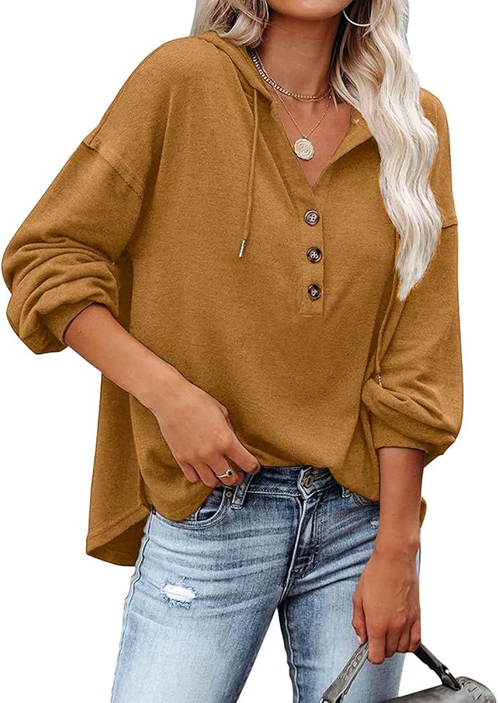 REVETRO Womens V Neck Long Sleeve Henley Shirts Button Down Sweatshirts Hoodies Tunic Tops with Draw | Amazon (US)