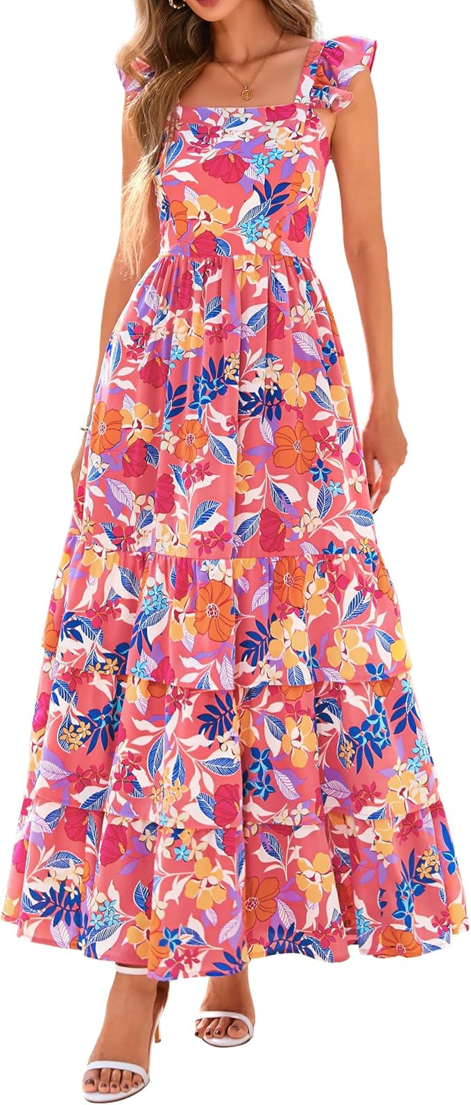 dowerme Summer Dresses for Women 2025 Casual Ruffle Smocked Tiered A-Line Boho Floral Maxi Beach ... | Amazon (US)