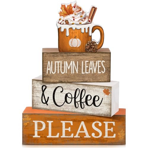Lineshading 4 Pcs Fall Coffee Table Decor Fall Decoration for Home Wooden Stacked Block with Pumpkin Latte Topper Rustic Thanksgiving Tiered Tray Decor for Harvest Party Home Kitchen Coffee Bar | Amazon (US)