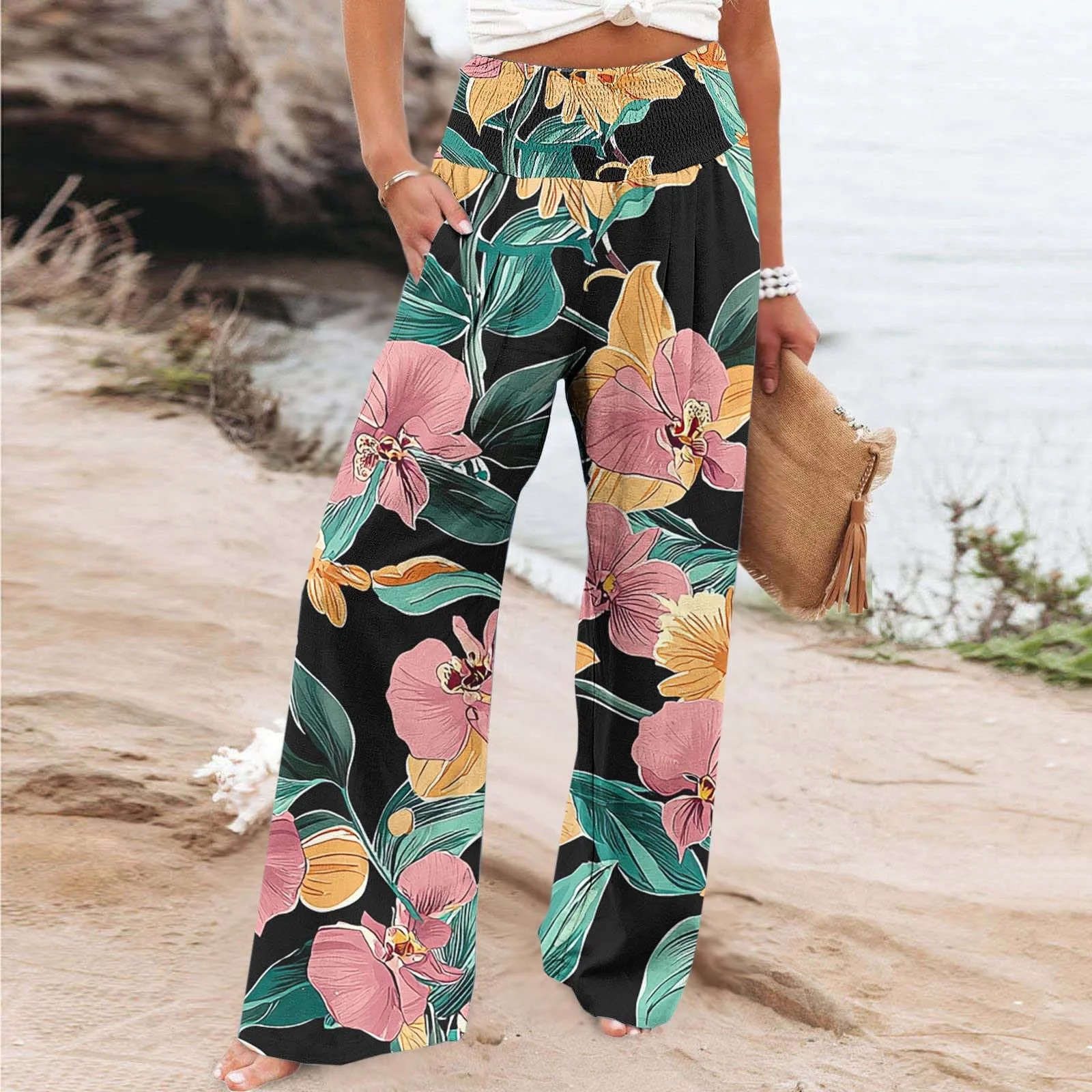 Aobny Black Women's Pants Flowy Loose Floral Pants High Waisted Palazzo Full Women Summer Pants | Walmart (US)