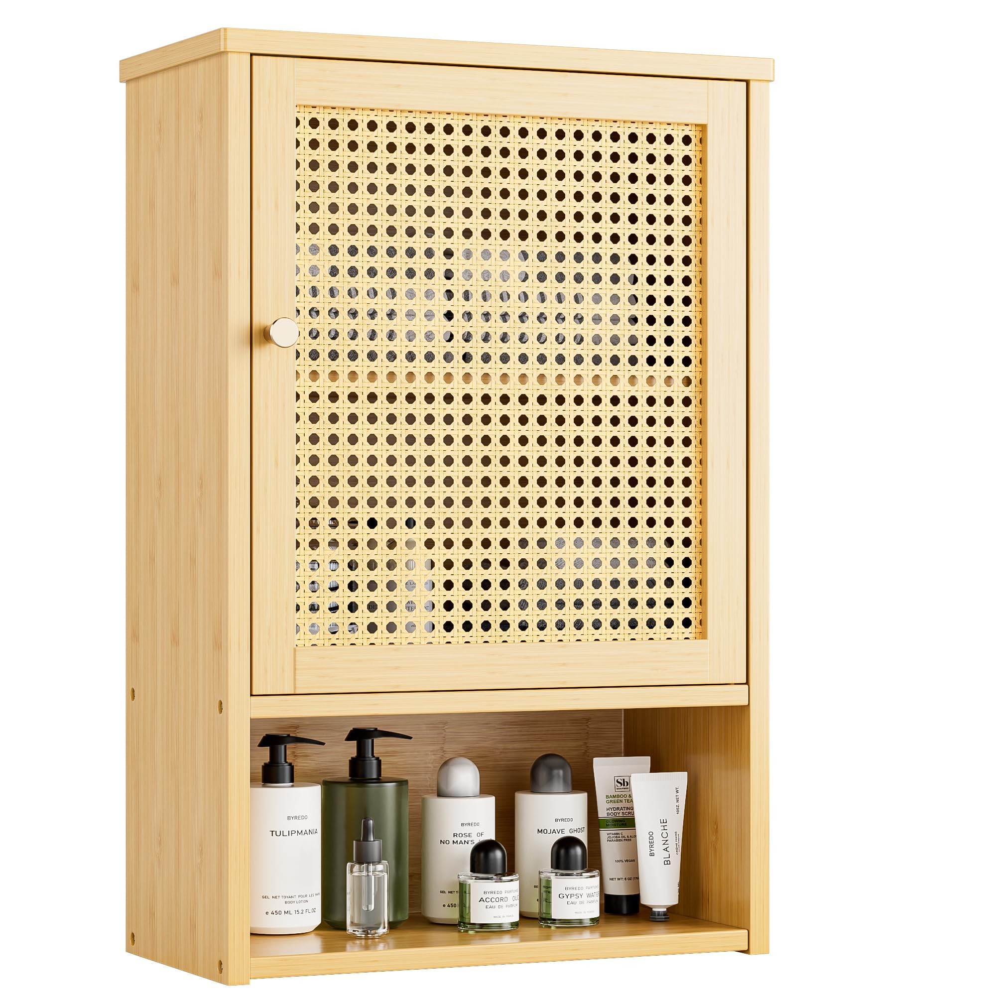 Bathroom Wall Cabinet, Bamboo Over-The-Toilet Storage Organizer with Rattan Doors and Adjustable ... | Amazon (US)