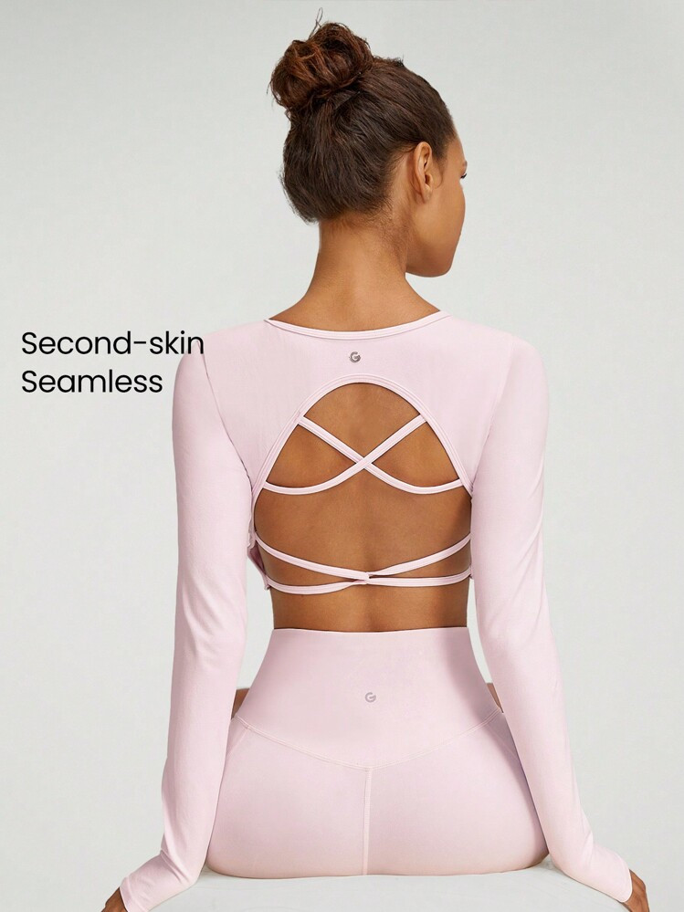 GLOWMODE Seamless Fitted Long Sleeve Crop Tee With Lace-Up Back Light Support Low Impact Yoga Daily Gym Valentine's Day | SHEIN