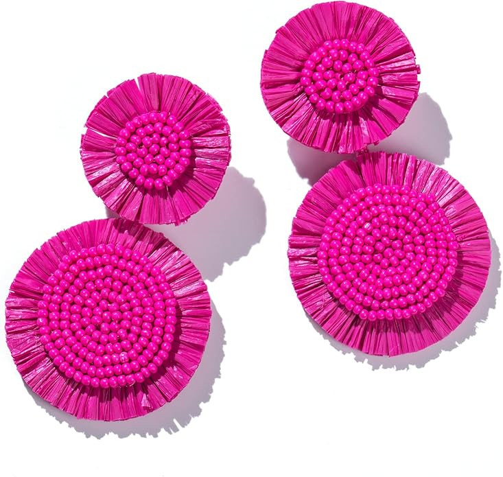 Boho Raffia Dangle Earrings Beaded - Handmade Tropical Flower Earrings for Summer Beach Vacation | Amazon (US)