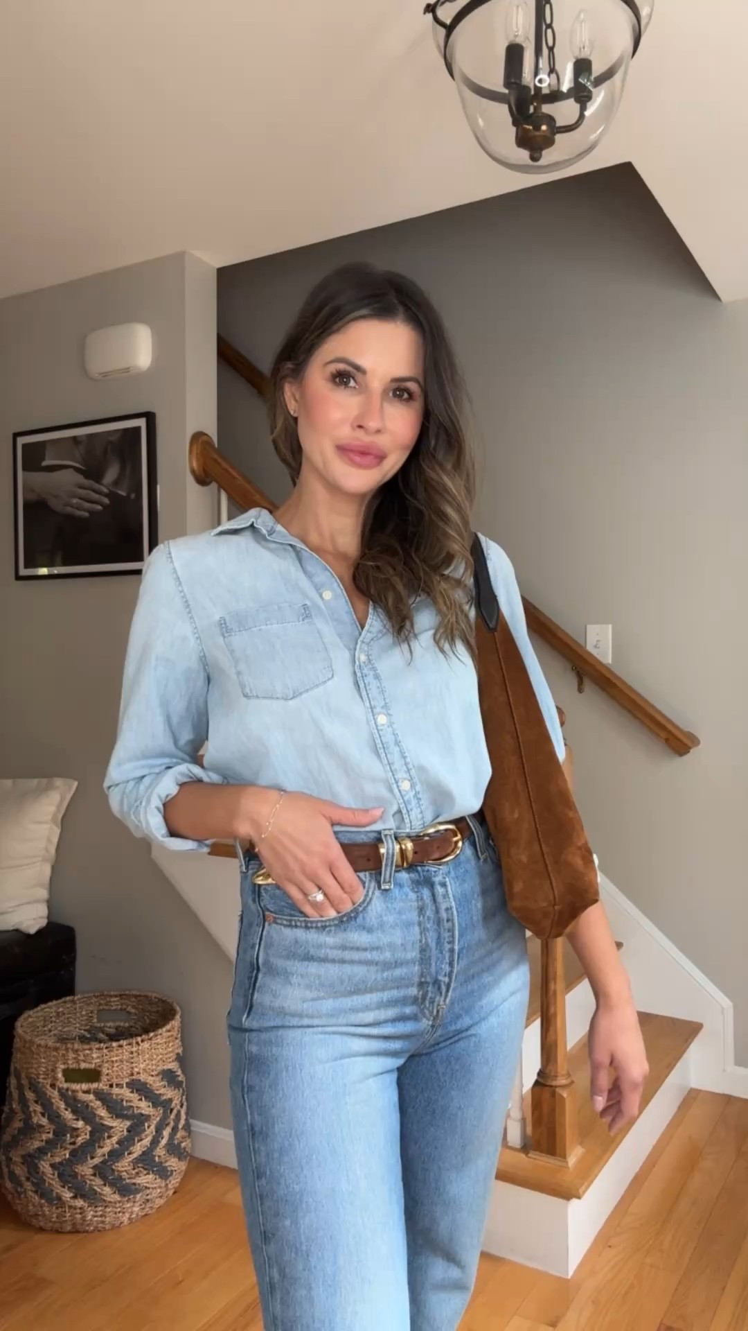 Denim on denim will always be a favorite 

Denim button down 
Levi’s ribcage wide leg jeans 
Suede belt 
Suede sling bag
Loafers 
Ballet flats 

#LTKStyleTip #LTKFindsUnder50 #LTKFindsUnder100