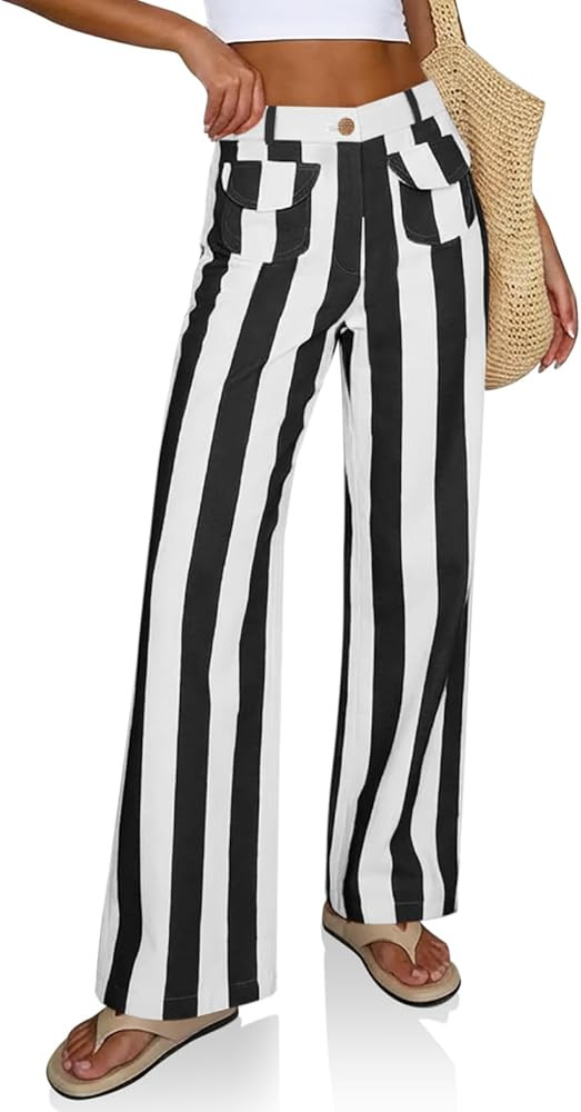 Cicy Bell Womens Striped Wide Leg Jeans High Waisted Baggy Summer Casual Trendy Cotton Denim Pant... | Amazon (US)