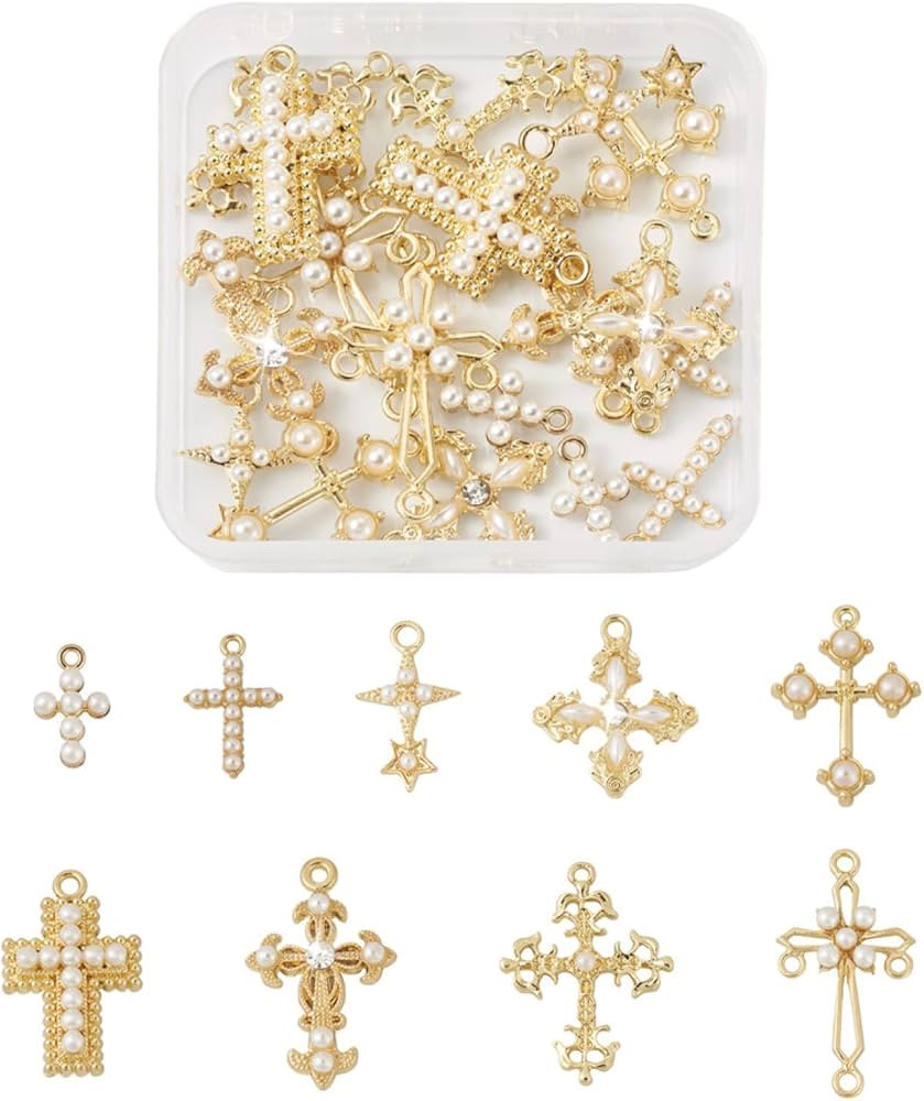 Cheriswelry 18Pcs Cross Metal Charms Light Gold Pearl Rhinestone Pendants Alloy Hanging Ornament ... | Amazon (US)