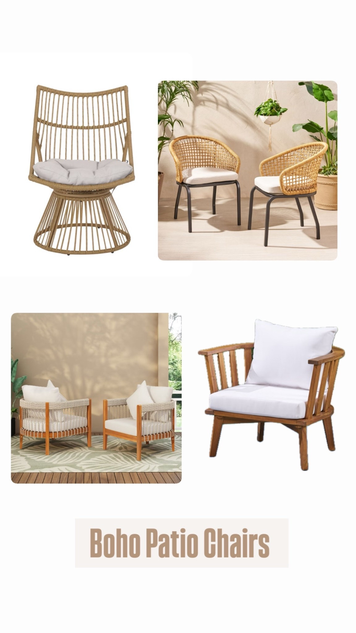 Looking for the perfect boho touch for your patio or balcony? These chairs bring a mix of natural textures, clean lines, and cozy comfort. From woven designs to wooden frames with soft cushions, each piece is versatile and easy to style with neutral decor or greenery. Shop my picks to create your own relaxed outdoor corner.
