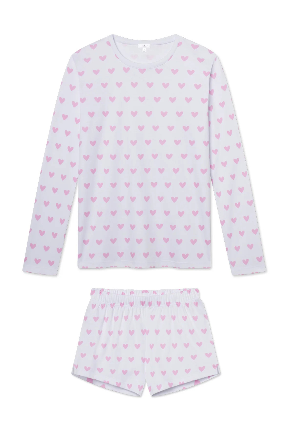 Pima Crew Long-Short Set in Darling Pink Heart | Lake Pajamas