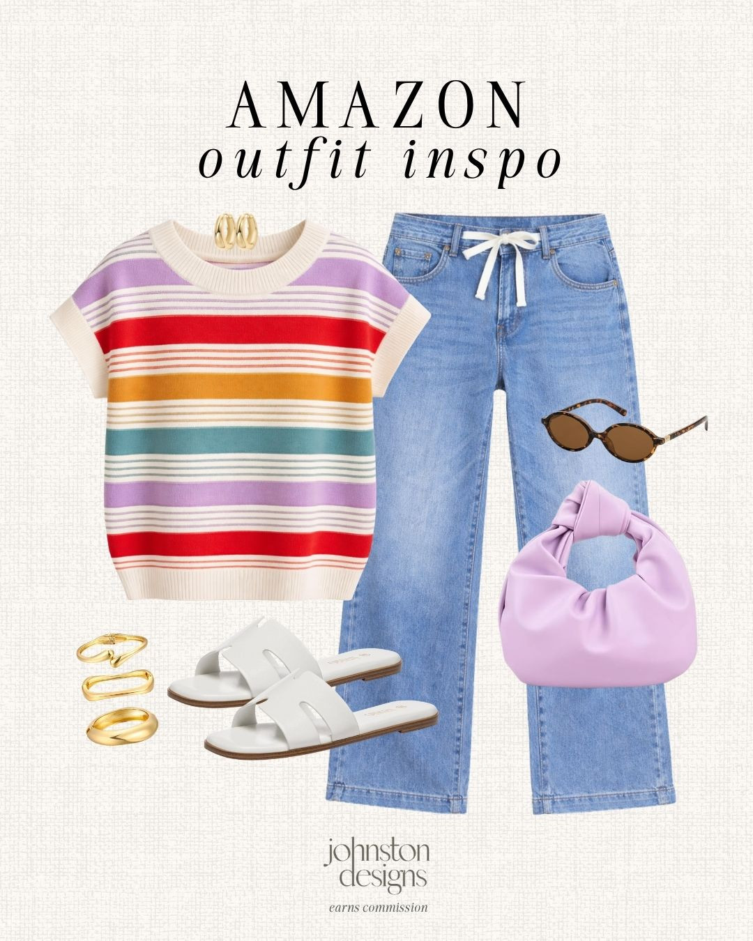 Amazon outfit inspo with colorful stripes, easy denim and a fun pastel bag. 🌈

Amazon style, outfit inspo, striped sweater, denim pants, wide leg jeans, white sandals, lavender bag, sunglasses, gold rings, hoop earrings, summer outfit, casual look, weekend style, colorful fashion 

 #LTKootd