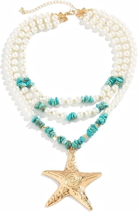 Pearl Beaded Starfish Pendent Necklace Turquoise Mermaid Chunky Multilayer Necklace Summer Beach ... | Amazon (US)